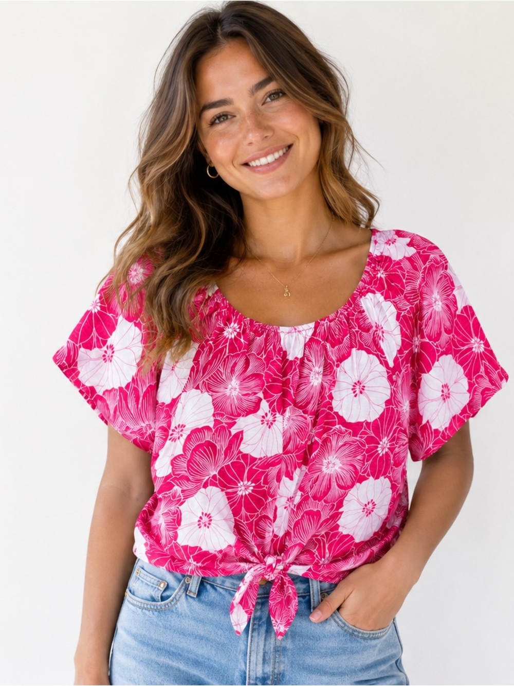 Kim & Cami Pink Floral Tie-Front Blouse Large